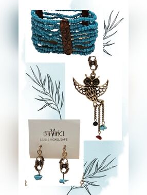 Davinci Brass Tone Owl & Floral Pendant Necklace Set
